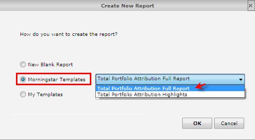 9. You will be taken to the Create New Report window. Here, you have the ability to create a blank presentation or create a presentation from a Morningstar Template or from your own templates.