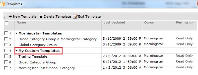 2. In the Templates window, the Morningstar Templates and the Custom