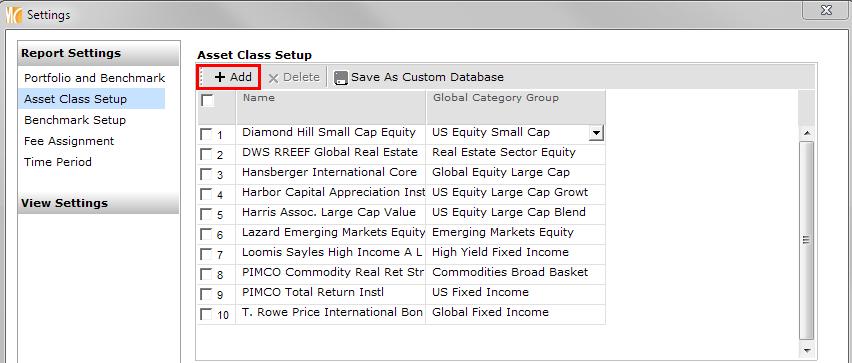 If you decide to modify the Asset Class choices, click the drop down and
