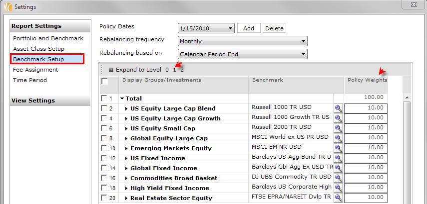 14. Go to the Benchmark Setup to view your asset classes and the corresponding managers to each of the asset classes.