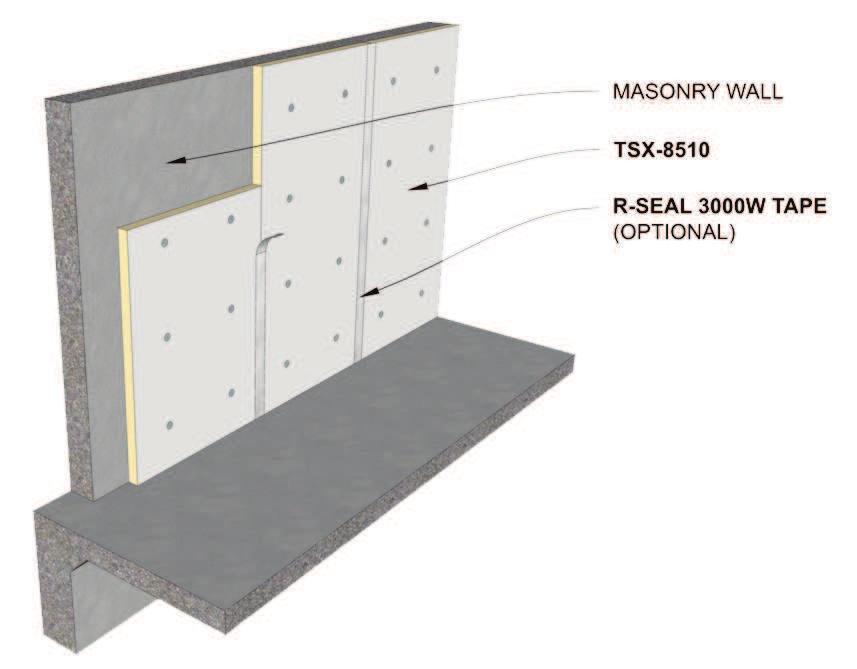 Masonry - TSX-850 is applied to the interior face of concrete or concrete masonry to provide a layer of continuous insulation (ci) over the entire surface.