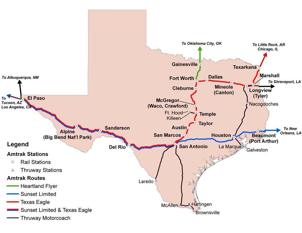 Figure 4. Amtrak Routes and Stations in Texas T able 4 displays the three-year ridership totals for the three Amtrak routes in Texas - the Heartland Flyer, the Sunset Limited, and the Texas Eagle.