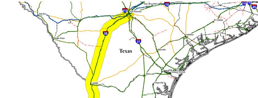 ROUTE OPTIONS SOUTH OF SAN ANTONIO Two route options between San Antonio and the population centers in the lower Rio Grande Valley of the state were examined in TxDOT Project 0-5930.