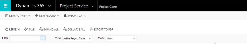 17 Customer Project Project Task Project Task Assignment New projects may be created using the Dynamics 365 form, Quick Create feature or Project Gantt application. 3.1.1 Creating a Project in Project Gantt Step 1: Navigate to the Project Service area and select Project Gantt in the Project Management group.