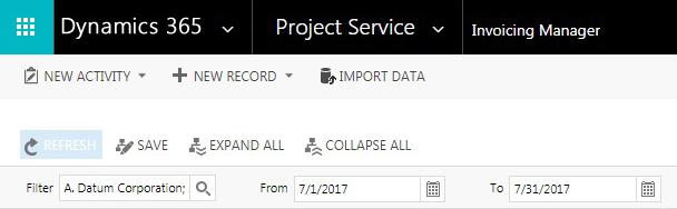 61 Once the data is loaded, you will see accounts and associated projects as well as approved time entries and expenses, which may be invoiced, in the left half of the screen.