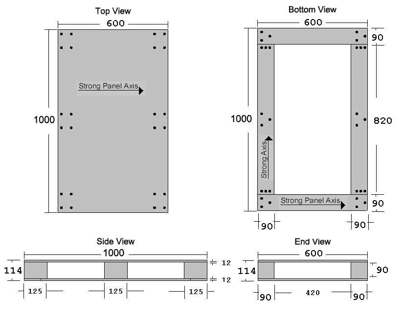 000Engineering Documentation 1.0 PN 5P1099 Reference Drawings 1.1) Pallet OD: 600 mm x 1000 mm x 144 mm. Arrows indicate the plywood grain direction (strong panel axis).