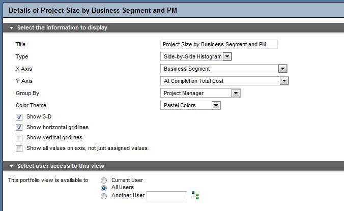 Specify Side-by-Side Histogram 15 Size by Segment and PM As entered in P6 Portfolio