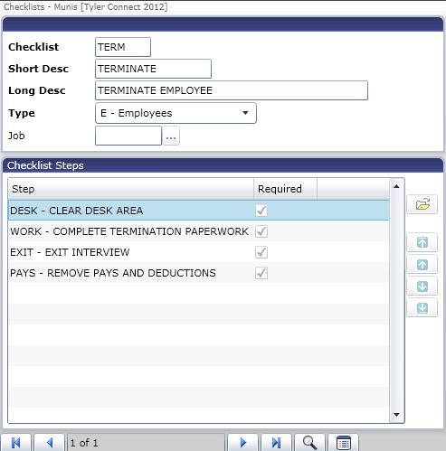 Field Checklist Short Description Long Description Type Job Checklist Steps Step Required Description This box contains a user-defined code that identifies the checklist.