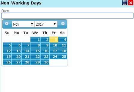 If a day is highlighted, it is marked as a non-working day. To change the status of a day, simply select the date.