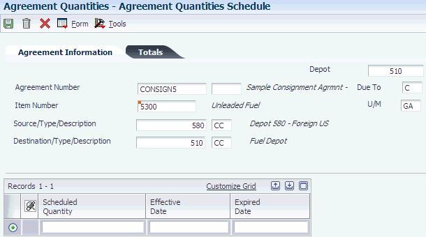 Creating Agreements 4.3.9 Defining Time Frames Access the Agreement Quantities Schedule form. Figure 4 4 Agreement Quantities Schedule form 4.3.10 Defining Exchange Ratios Access the Agreement Exchange Ratios form.