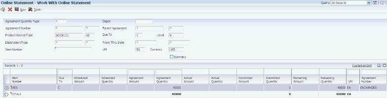 Managing Agreements Figure 4 7 Work With Online Statement form To view Work With Online Statement in summary mode, select the Summary option and click Find.