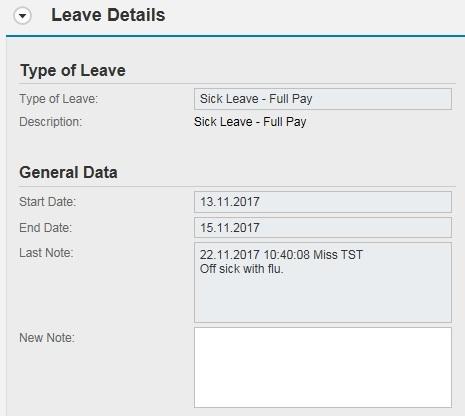Reviewing and processing a leave request (continued) - Check the type of leave applied for, the leave dates and any notes from the staff member in the Leave Details section.