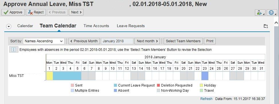 box. 2. The team calendar appears. If processing a leave request it displays any team members with absences in the selected leave request period.