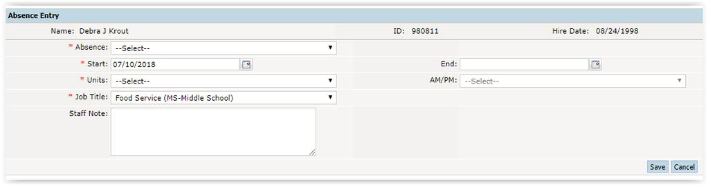 Click on the Request Absence button Use the drop down box and choose the ABSENCE you are requesting Enter your date of benefit accrual day, if more than one consecutive day, you can enter the end day