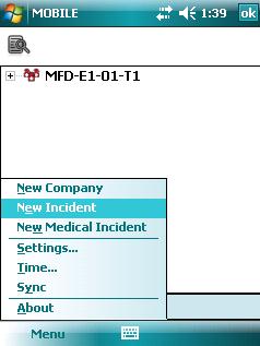 The IC starts the Mobile software. He clicks on Menu New Incident.