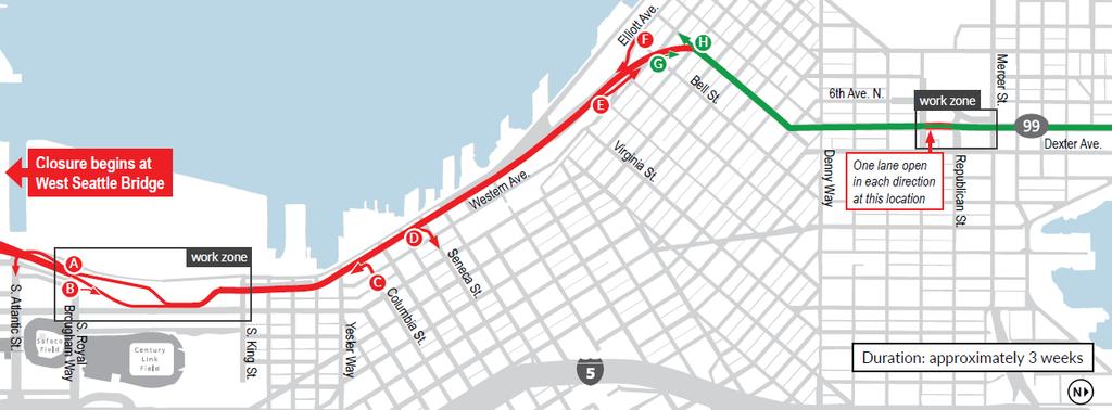 Jan. 11, 2019: Mainline SR 99 closure begins Item Description Item Description A Southbound off-ramp to South Atlantic Street E Northbound off-ramp to Western Avenue B Northbound on-ramp from South