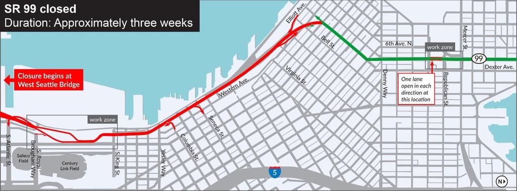 SR 99 closure and tunnel opening: get ready Duration: about three-weeks for SR 99 closure and up to three weeks of ramp closures Closing a highway adds more drivers to other parts of the system: