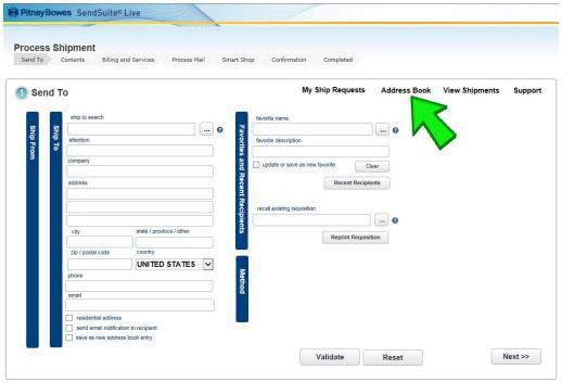 The Address Book can be accessed from the main shipping screen by clicking on the provided link, as shown below.