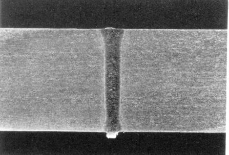 Figure 4 Cross sections of welds performed with electron beam (left) and GTA (right). The higher heat intensity of the electron beam creates a much smaller fusion zone and HAZ[4].