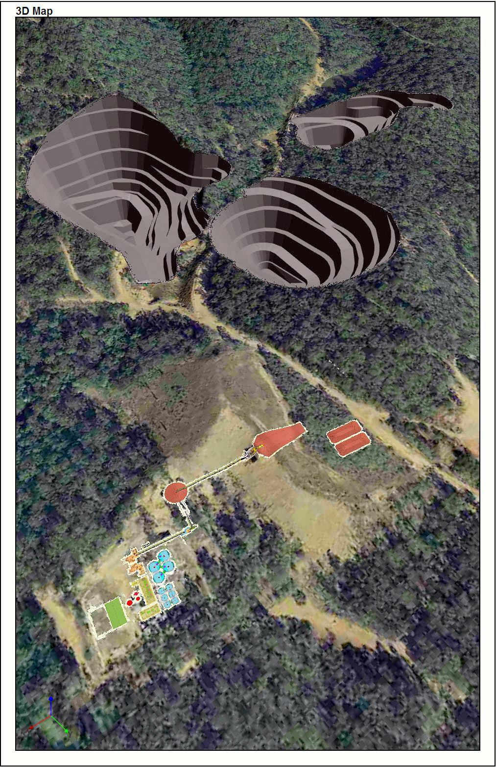 Figure 1: Aerial view towards the south-west looking down on the preliminary pit designs for the Strauss and Kylo gold