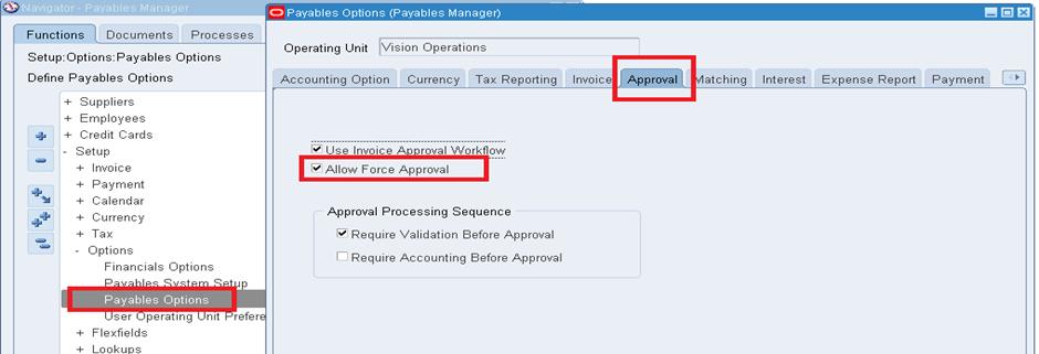 Payables Configurations Allow Force Approval Navigation: Payable