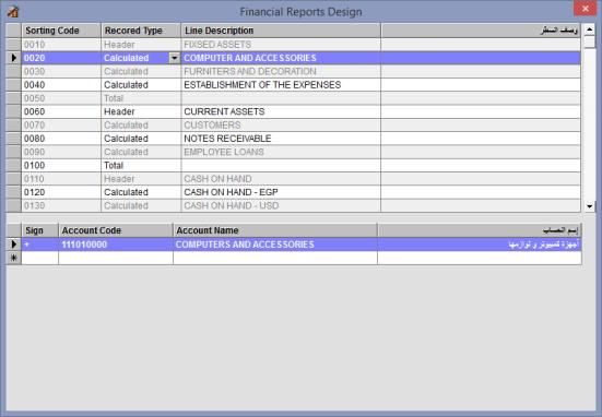 To define each line of report you need to add code, line type and description.