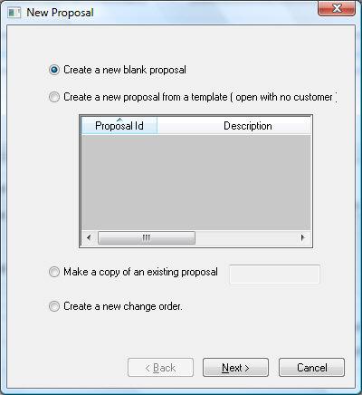 Jobs 3. Select the first option, Create a new blank proposal. For details on the second option review the Creating Change Orders section. Select the 3 rd option if the quote has already been created.