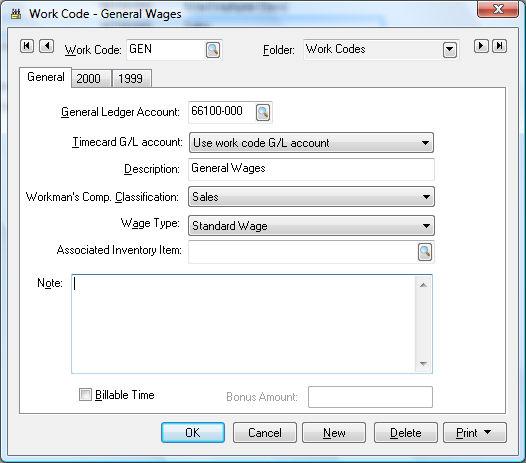 Printed Documentation An additional field labeled Timecard G/L Account appears within the work code window when the Job Costing module is being used.