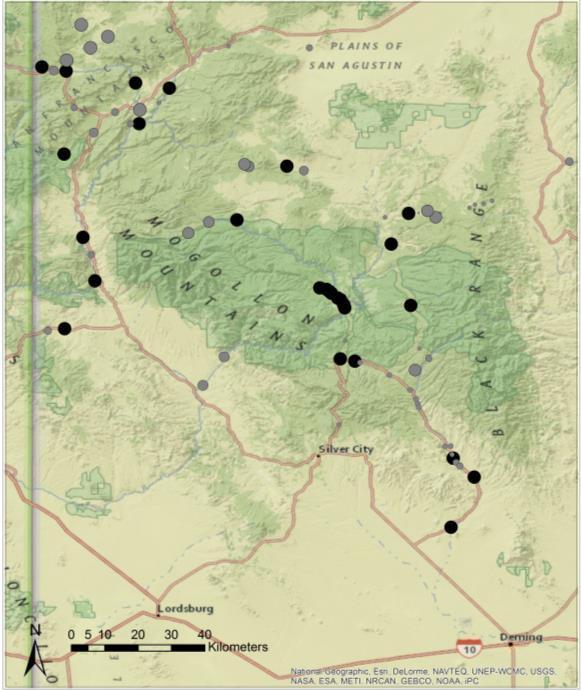 Figure 2. Map of the study area in west-central New Mexico showing per-site detection probability of the 77 sites used in PRESENCE analysis for Anaxyrus microscaphus in 2014.