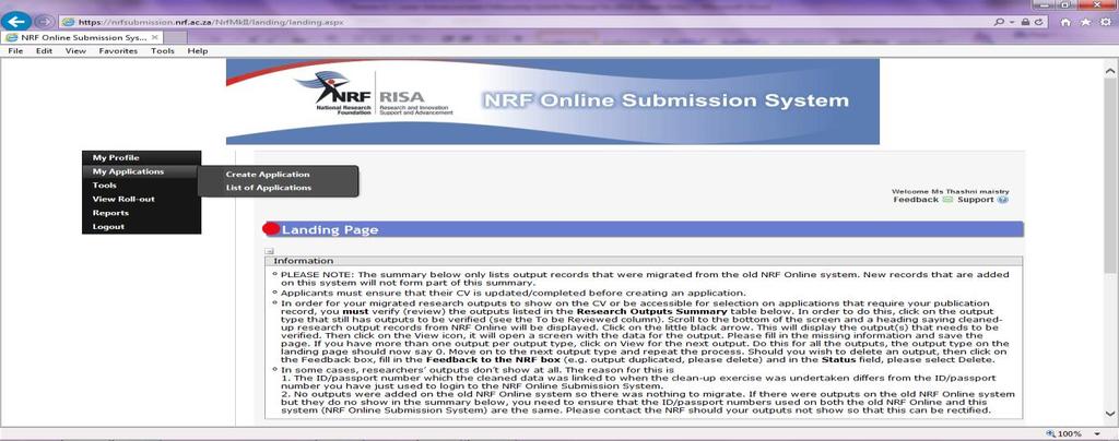 Step 2: Once you have logged in to the NRF Online Submission System, on the landing page, go to the left hand side black menu (tab indicated with blue arrow) to create a new