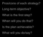 Long-term objective? What is the first step? When will you do that? Is the plan achievable? What will you do/say?