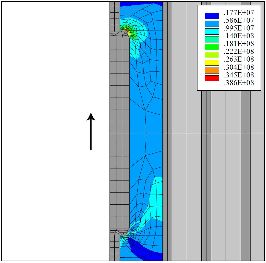 Figure 9 shows compressive stresses in the production casing near a simplified connection, illustrating how the casing is anchored at the couplings in the cement.
