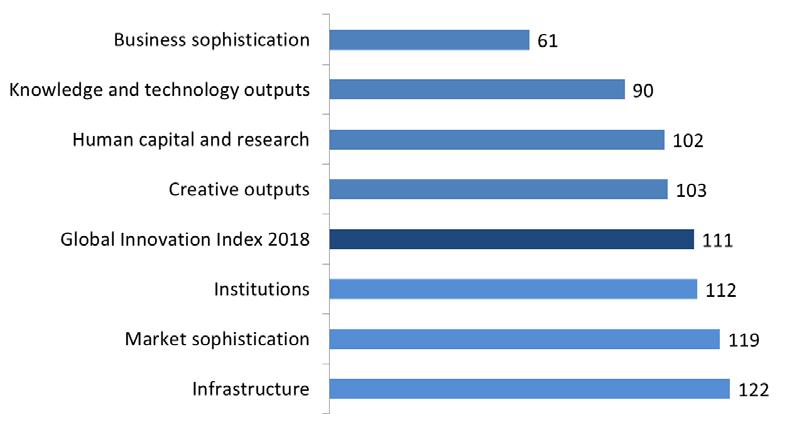 Weaknesses Most of the relative weaknesses for Cameroon are found on the innovation input side, among three of the five GII input areas.