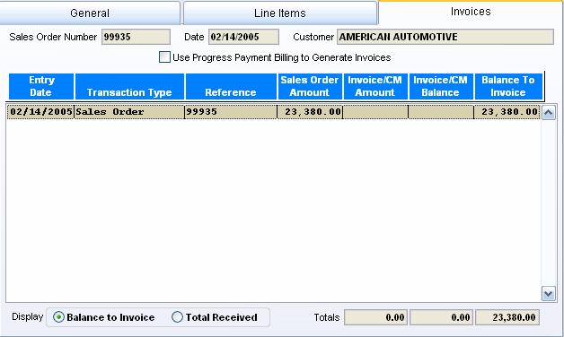Invoices The Sales Order Maintenance Invoice tab is used to view any associated invoices of the Sales order.