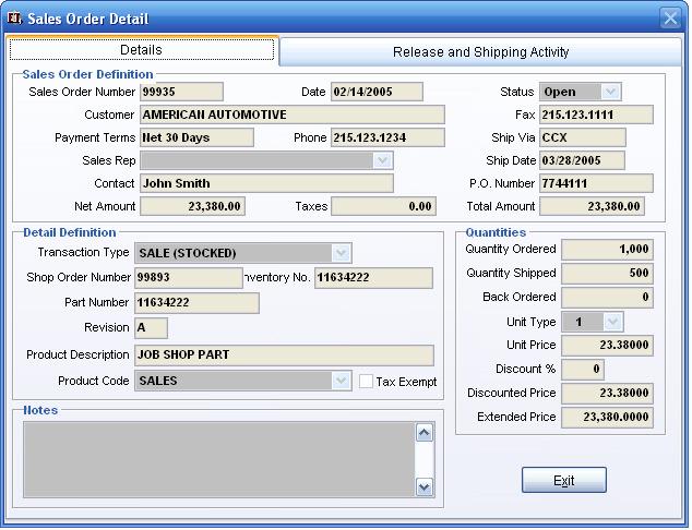 Sales Order Details Details Tab The Sales Order Detail tab Once the search criteria is used to retrieve a results list, the Sales Order Details form can be used to provides the user with an