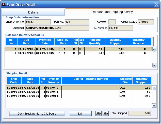 Release and Shipping Activity Tab The Release and Shipping Activity Tab provides the user an overview of the key elements supporting the release and delivery of the item.