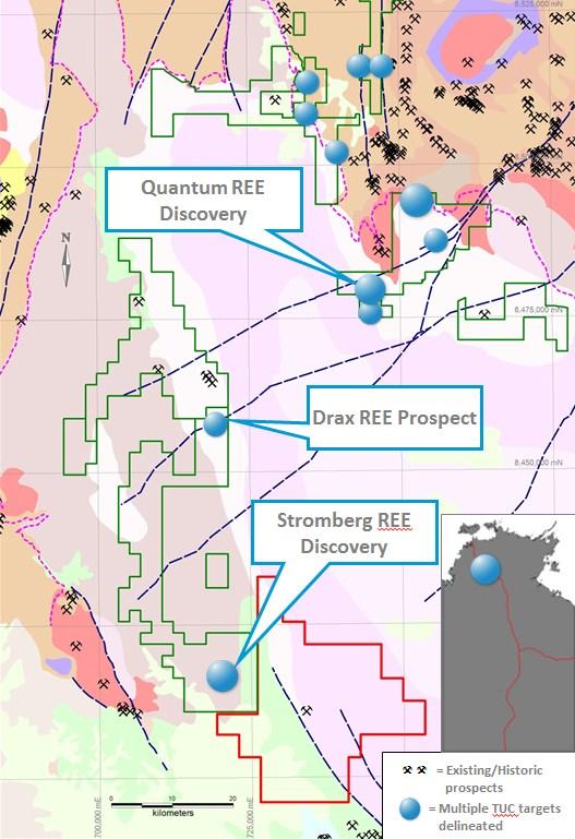 Figure 1 - Location of TUC s REE and HREE prospects and tenements (green outlines) in the mineral prospective Pine Creek region, with geology background.