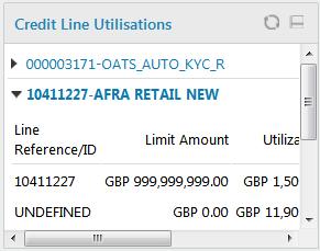 Credit Line Utilisations 6. Credit Line Utilisations This widget displays the minimal details of the line limits of the customer. It will use transaction of the View Line Limits transaction.