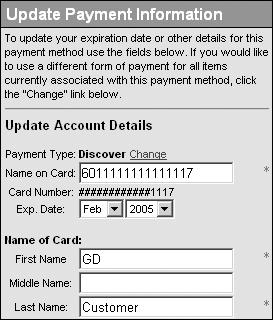 Credit Card & Payments You may review your information for any payment method by selecting the payment method and then clicking the Update Payment Method button, or by clicking on the payment method