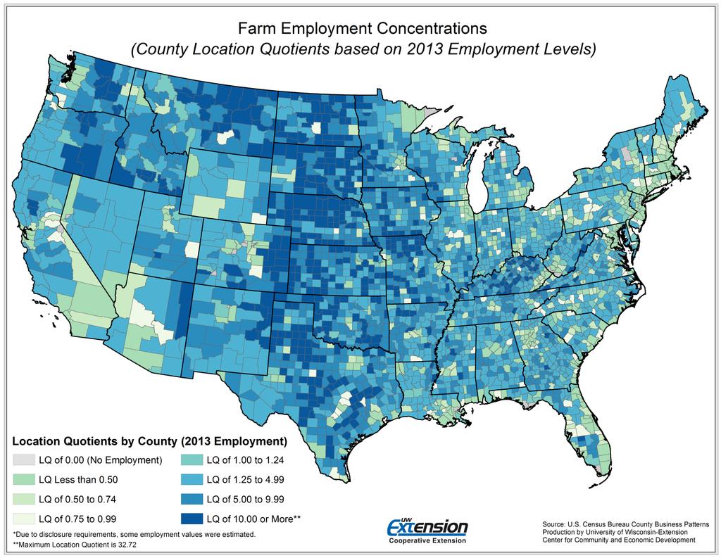 With the exception of Dane County, every county in the AFB study area has a location quotient above 1.0 (Figure 2.4). A farm employment location quotient of just 0.