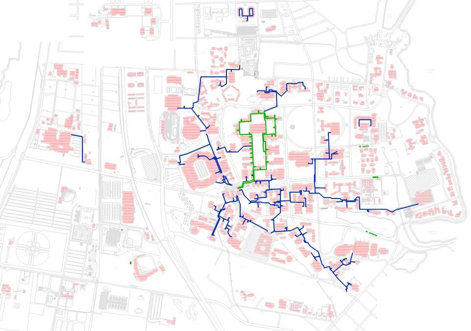 Figure CL-4: Chilled Water Distribution Radial versus Looped Piping Map LSU currently does not have or maintain a hydraulic model for the chilled water distribution network This is a valuable tool