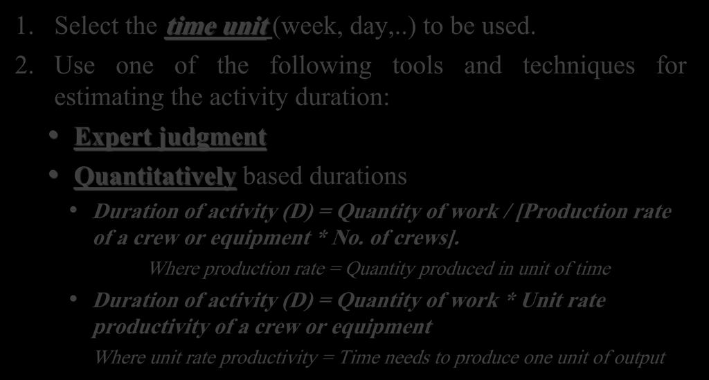 3a) Estimate the activity duration 1. Select the time unit (week, day,..) to be used. 2.