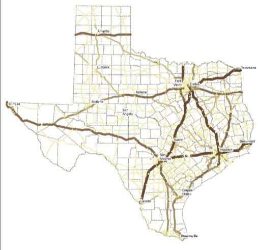 More Freight and More Congestion on Texas Interstates in 2045 Freight Tonnage, 2045 Congestion, 2045 2016, 1.2 billion tons moved by trucks 2045, projected to double to 2.