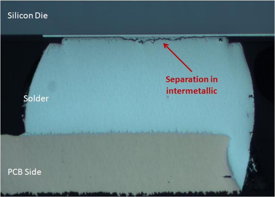 Fig. 14 Crack in the RDL layer with plated UBM at 1000 3 (legs 2 and 4) Fig. 11 Complete separation in intermetallic in SAC 266 at 200 3 (leg 5 Direct type with sputtered UBM) Fig.