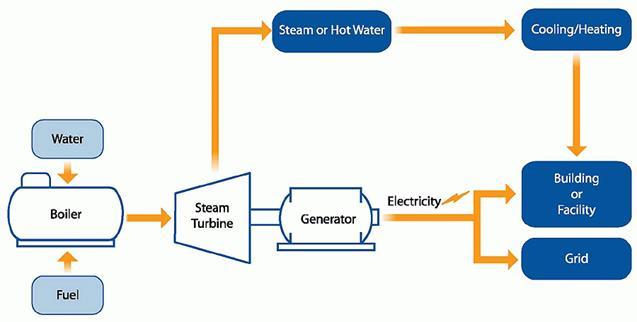 Boiler / Steam Turbine Fuel is burned in a boiler to produce high pressure steam that is sent to a backpressure or extraction steam turbine The steam