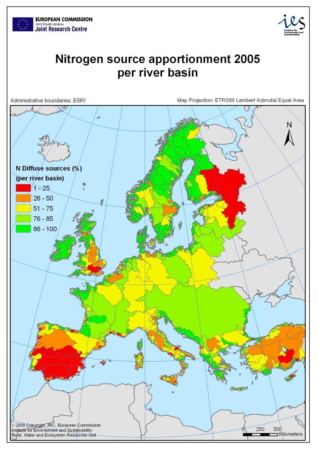 Map 7. Estimation of nitrogen source apportionment for Europe (Bouraoui F., Grizzetti B.