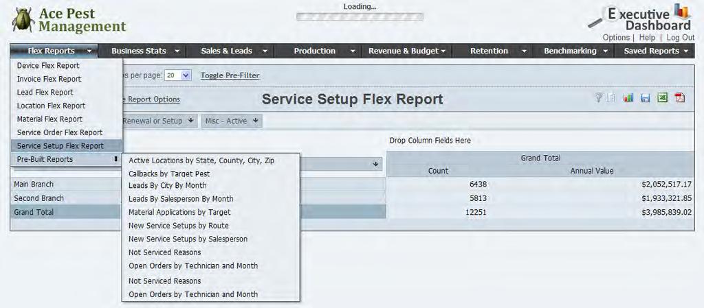 There are several pre-built reports in the Flex Reports menu.