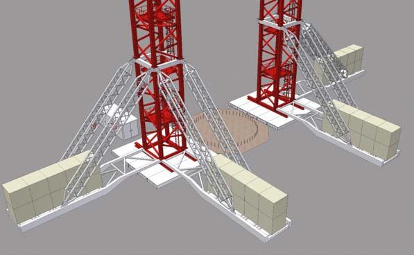 For towers in the guyed configuration, the towers are supported on base beams to spread the loads over the area of the mats.