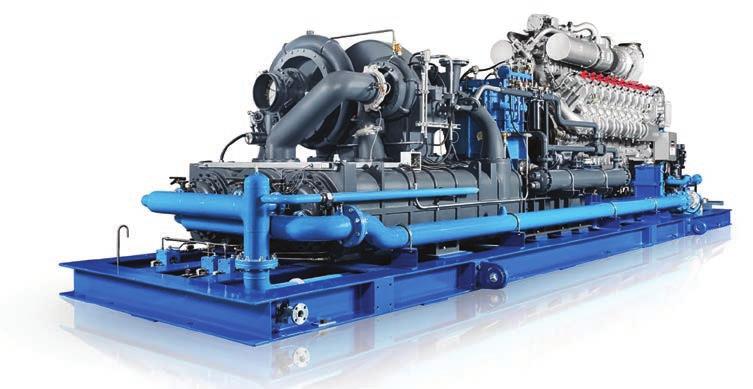 This Turbophase system consists of four main components, from back to front: turbocharged natural gas-fired reciprocating engine, gearbox, and multi-stage centrifugal compressor.