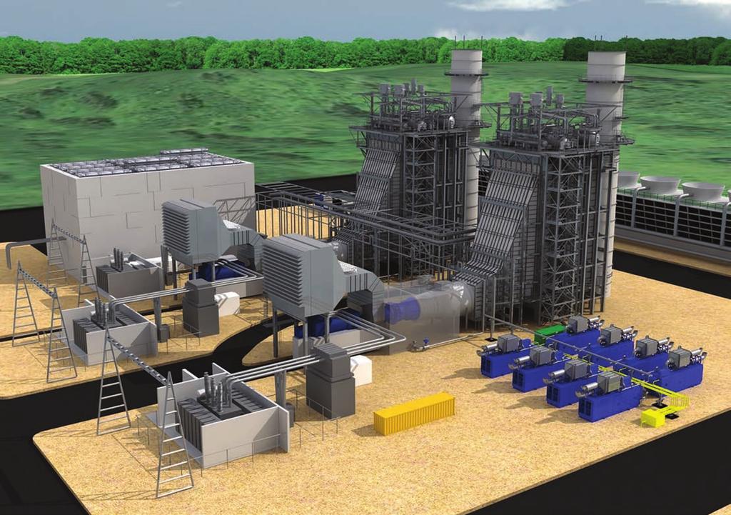 A typical 2 x 1 combined cycle plant is illustrated. This plant uses General Electric 7FA combustion turbines, which allows four or more Turbophase modules per turbine.
